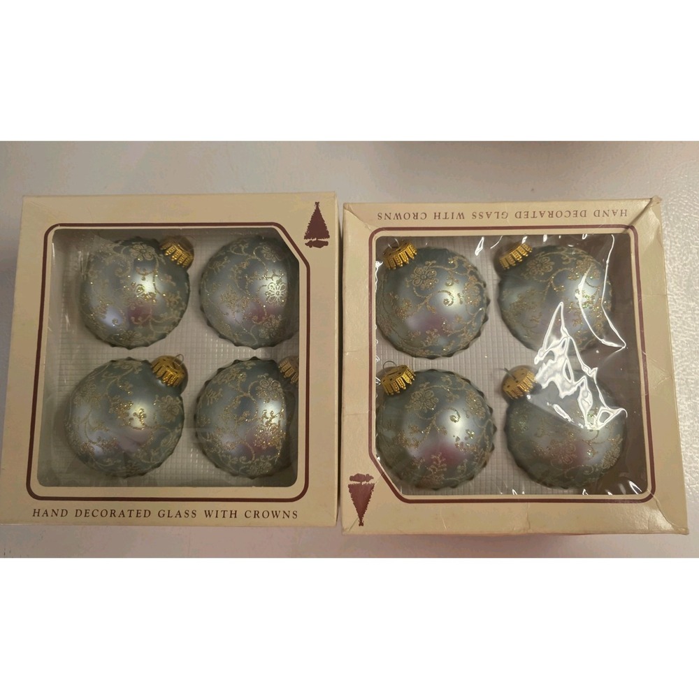 Vintage Christmas by Krebs Glass Ornaments Lot 8 Blue Gold Hand Decorated Boxed